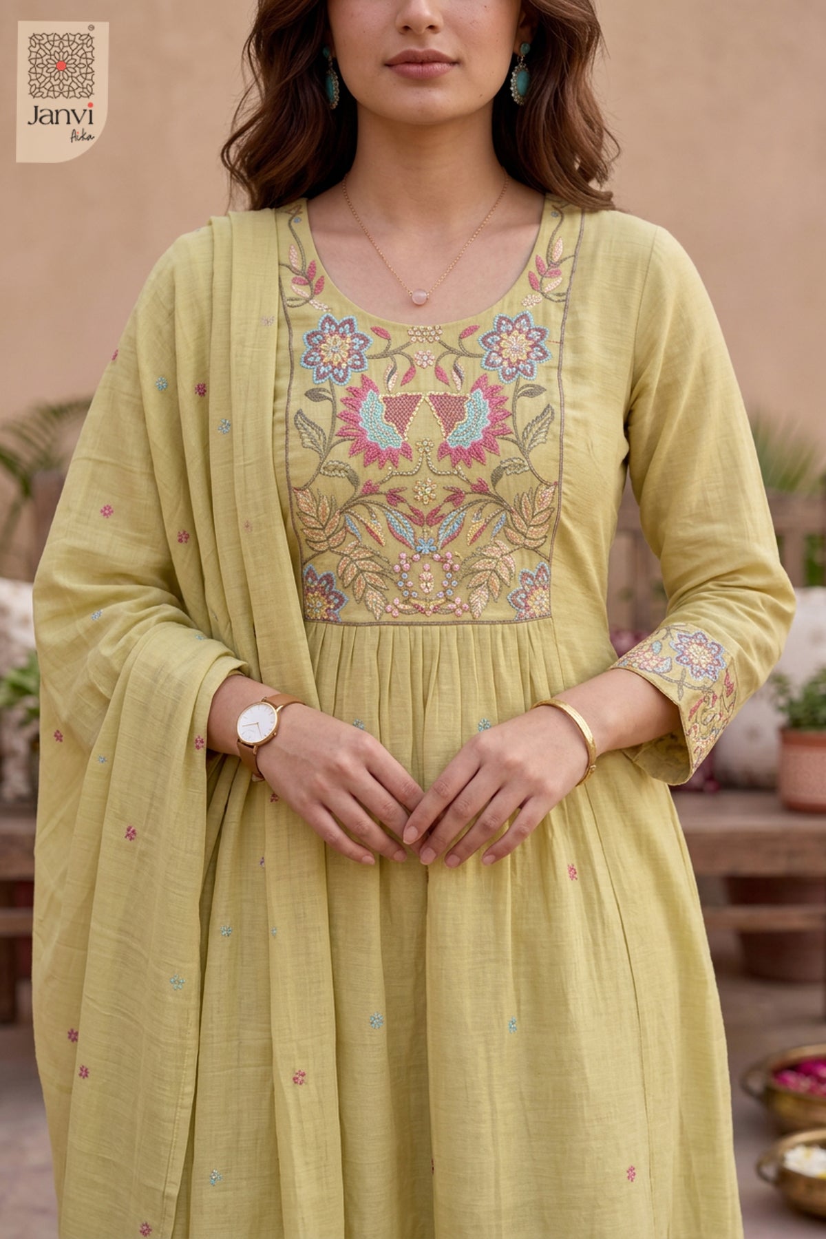 Chartreuse Gardenframe Embroidered Round Neck