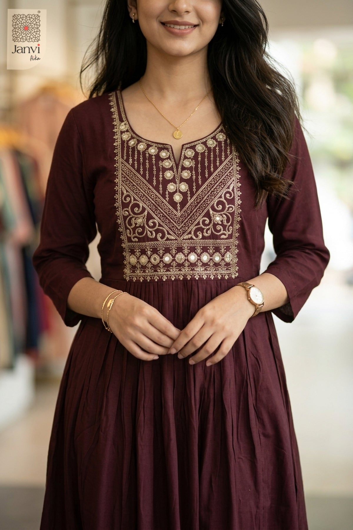 Front portrait in very dark red embroidered cotton kurti tops with 3 4 sleeves in store