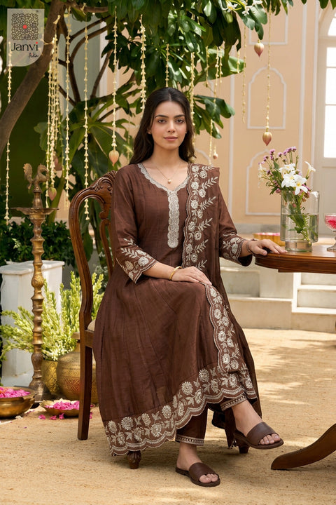 Cinnamon Glaze Scallop Lace Round Neck Panelled Flare Kurti