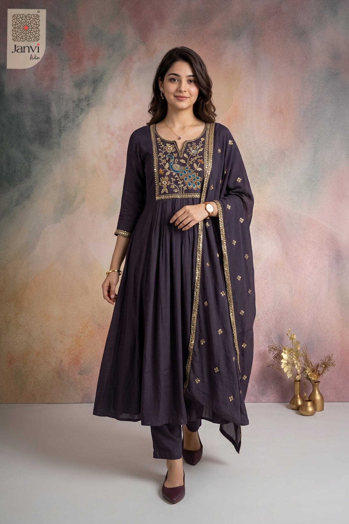 Coral Muse Peacock Embroidered Notch Neck Anarkali