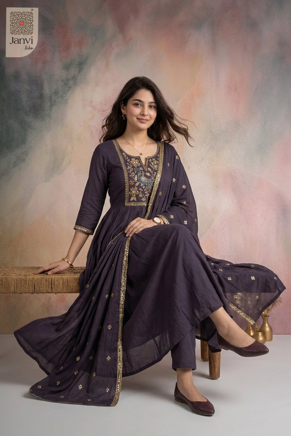 Coral Muse Peacock Embroidered Notch Neck Anarkali