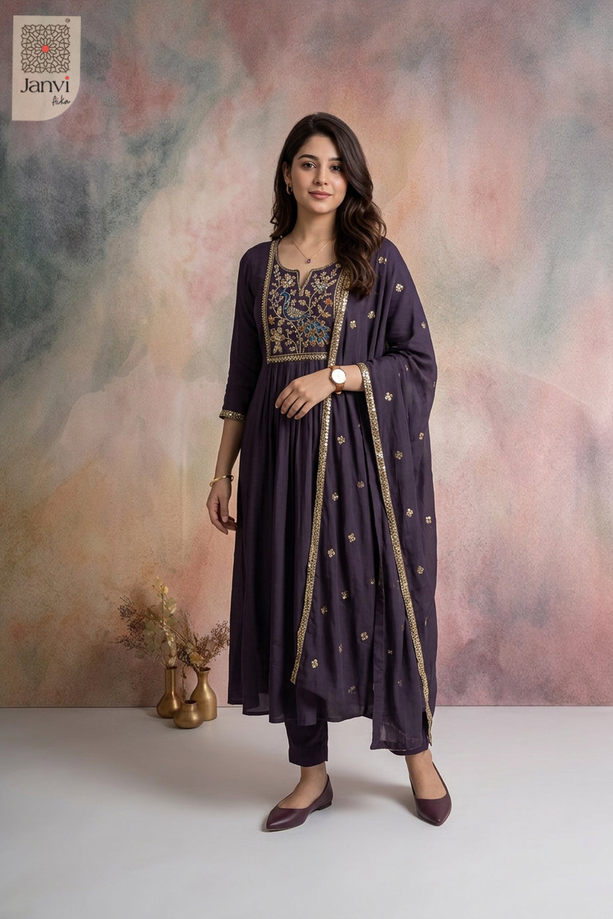 Coral Muse Peacock Embroidered Notch Neck Anarkali