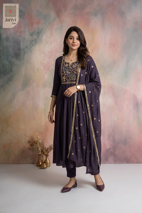 Coral Muse Peacock Embroidered Notch Neck Anarkali