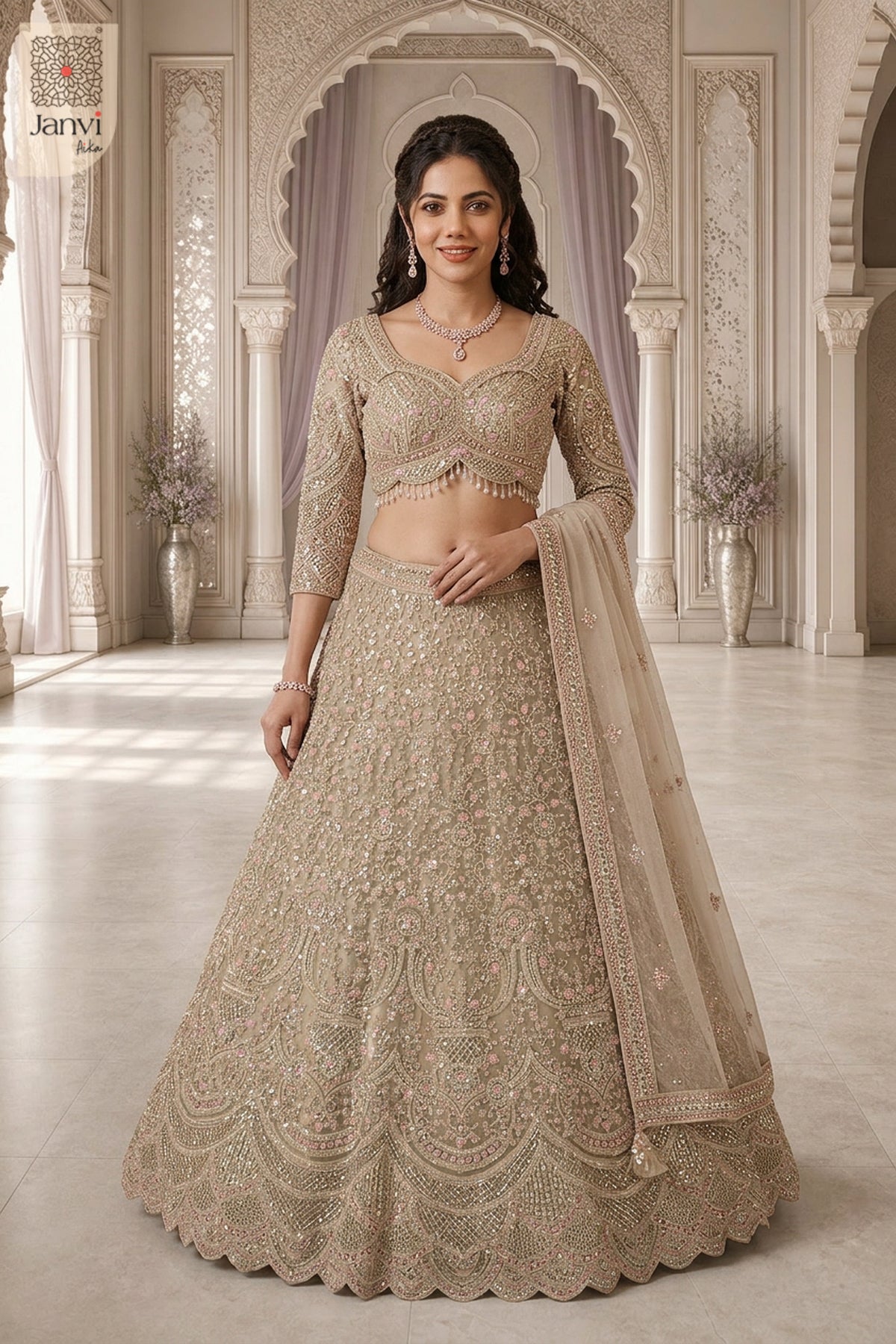 This front full standing shot showcases a gorgeous net beautiful lehenga choli for weddings.