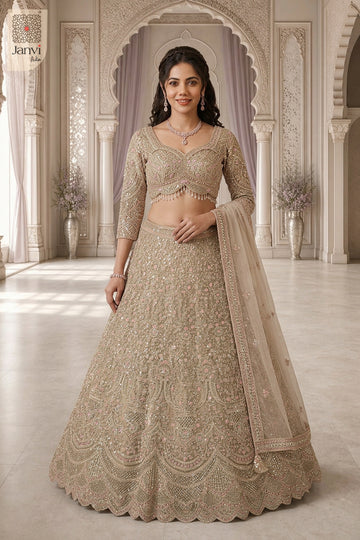 This front full standing shot showcases a gorgeous net beautiful lehenga choli for weddings.