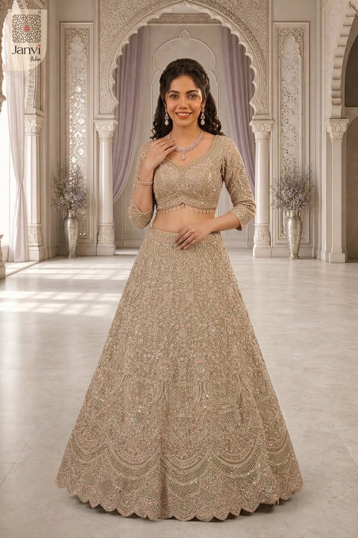 An exquisite long blouse lehenga with front full standing shot in a premium net design.