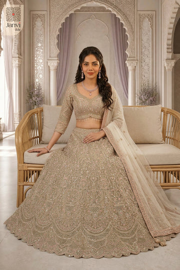 Charming indian designer lehenga showing a lovely front full sitting shot in a net style.