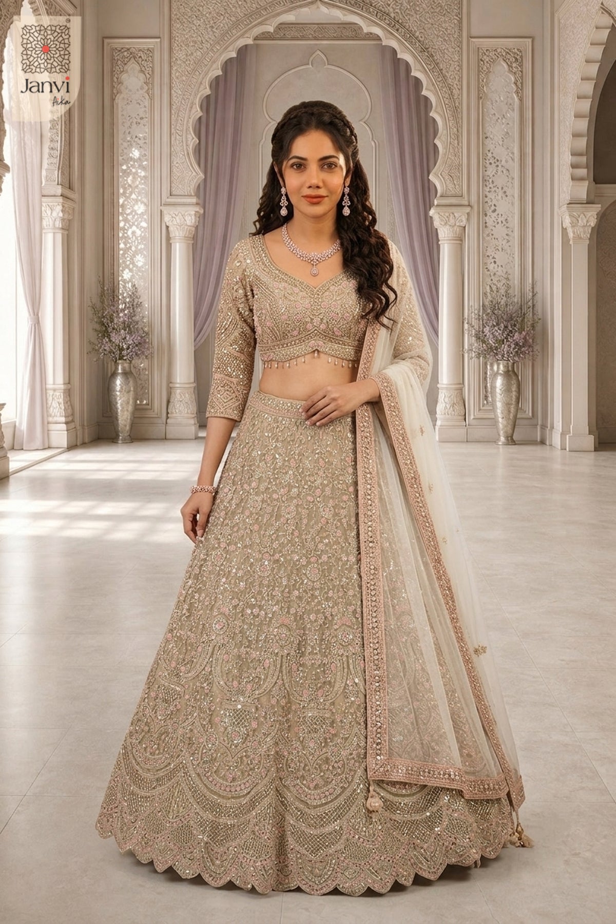 Stunning net lehenga for navratri with an exquisite front full standing shot for upcoming festivals.