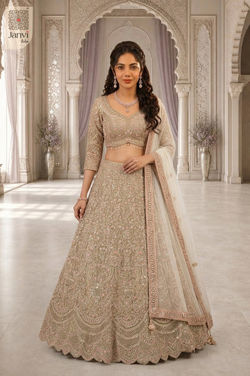 Stunning net lehenga for navratri with an exquisite front full standing shot for upcoming festivals.