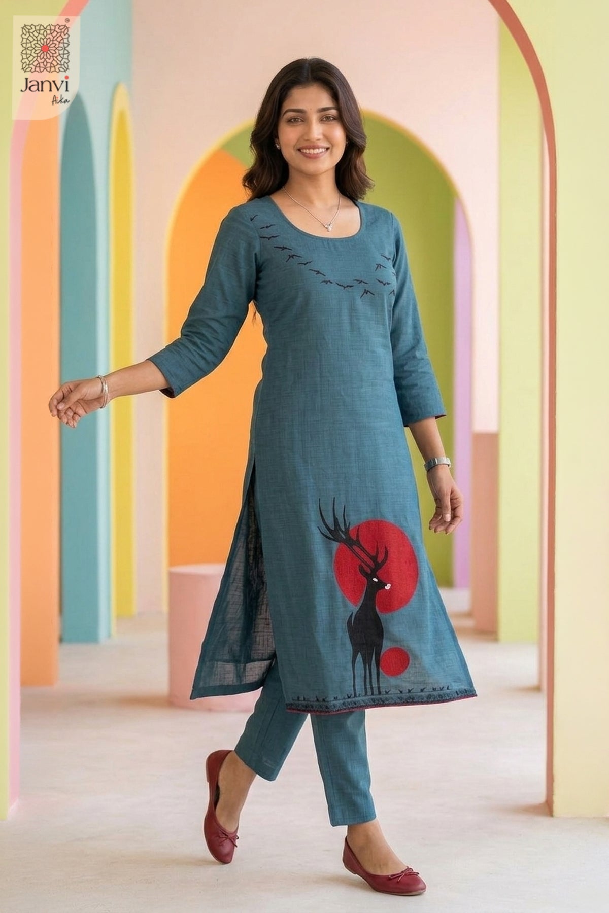 Crimson Eclipse Deer Motif Kurta