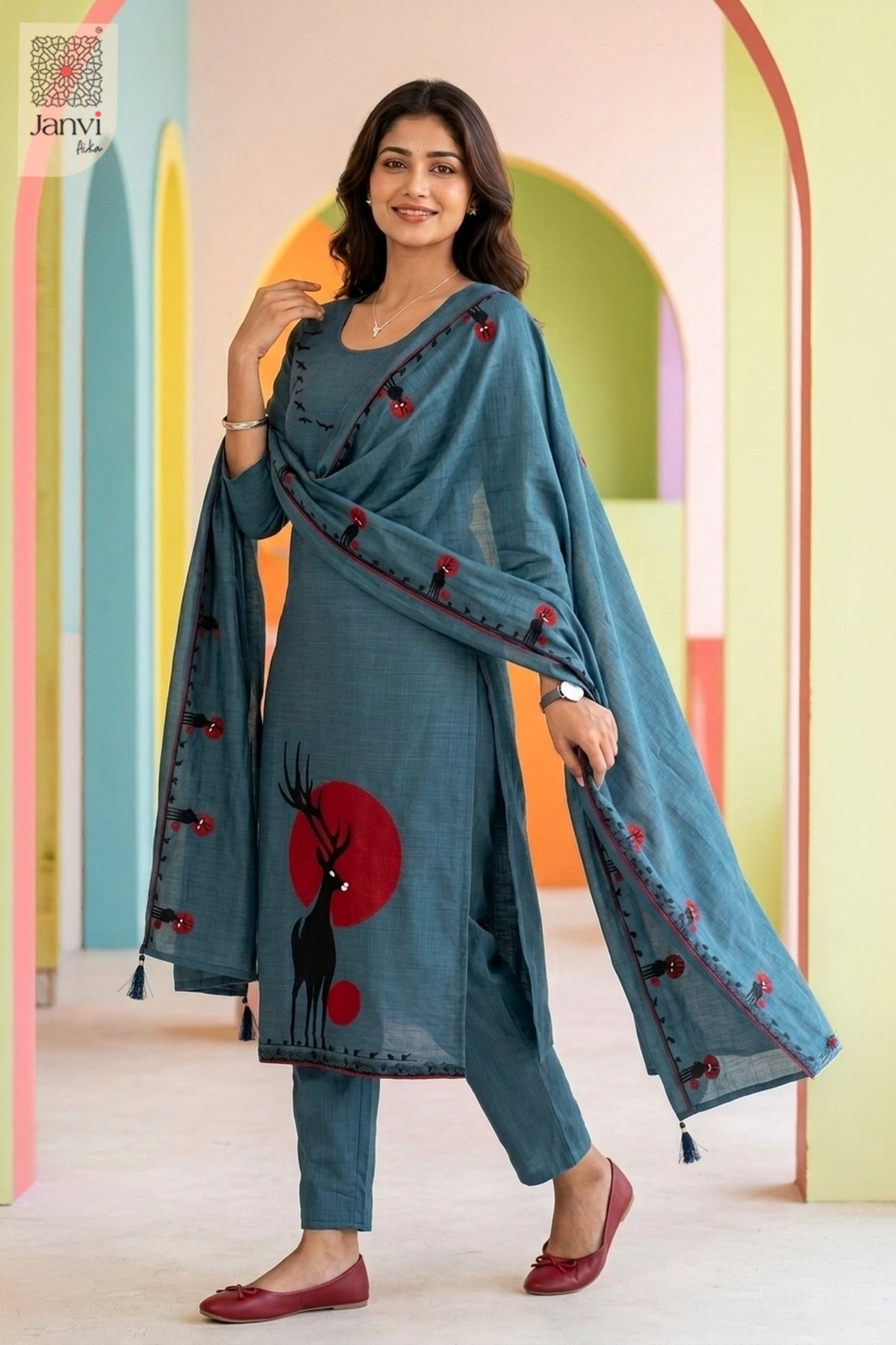 Crimson Eclipse Deer Motif Kurta