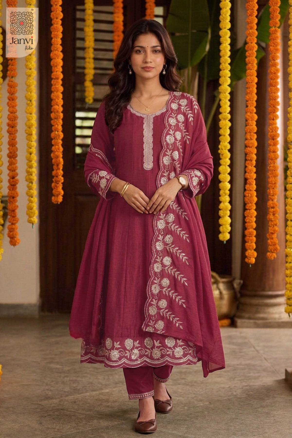 Crimson Berry Scallop Lace Round Neck Panelled Flare Kurti