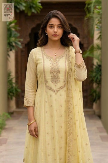 Front angled view of the flared silhouette of Daffodil Dream for formal western dresses for ladies.