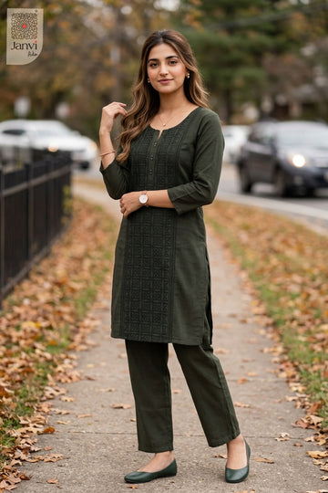Full front pose of Deep Forest Grace in olive green from the 2 piece outfits for ladies collection.