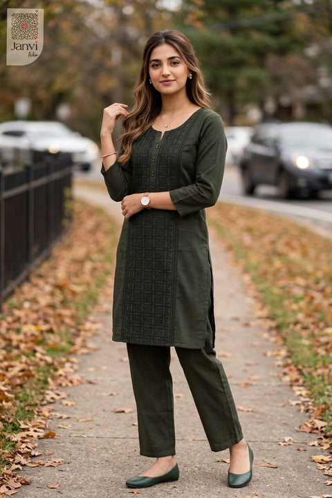 Full front pose of Deep Forest Grace in olive green from the 2 piece outfits for ladies collection.