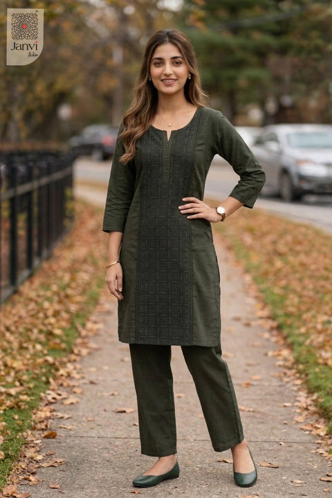Full view of Deep Forest Grace in the 2 piece outfits for ladies range with matching pants.