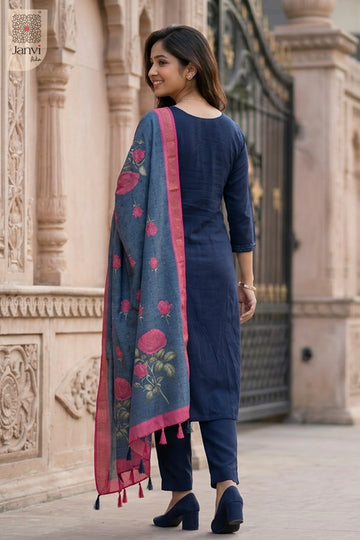 Back view showing neckline styling of Deep Sea Dahlia for readymade party wear suits online.