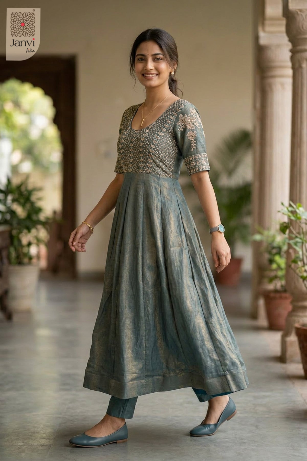 Designer Teal Shimmer Festive Luxe Anarkali Dress