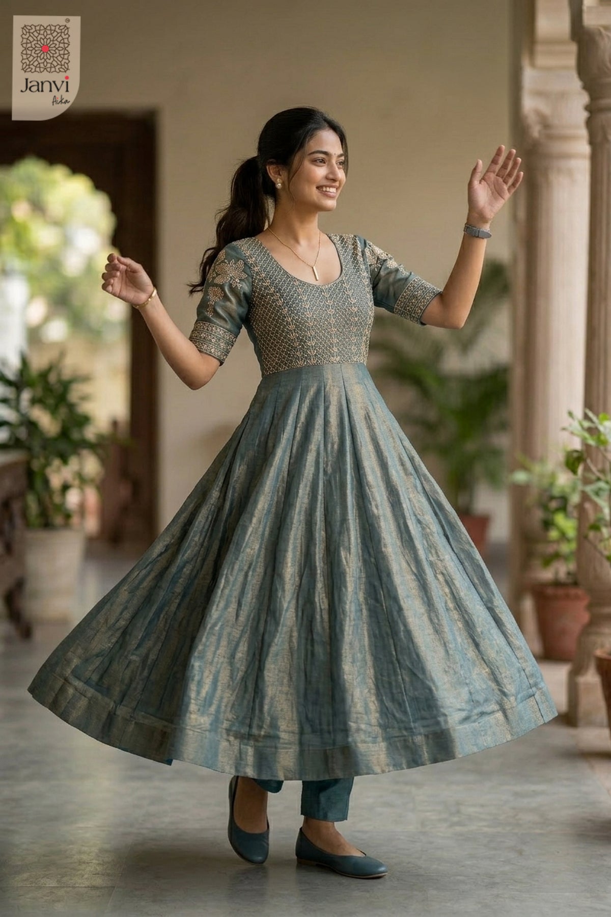 Designer Teal Shimmer Festive Luxe Anarkali Dress