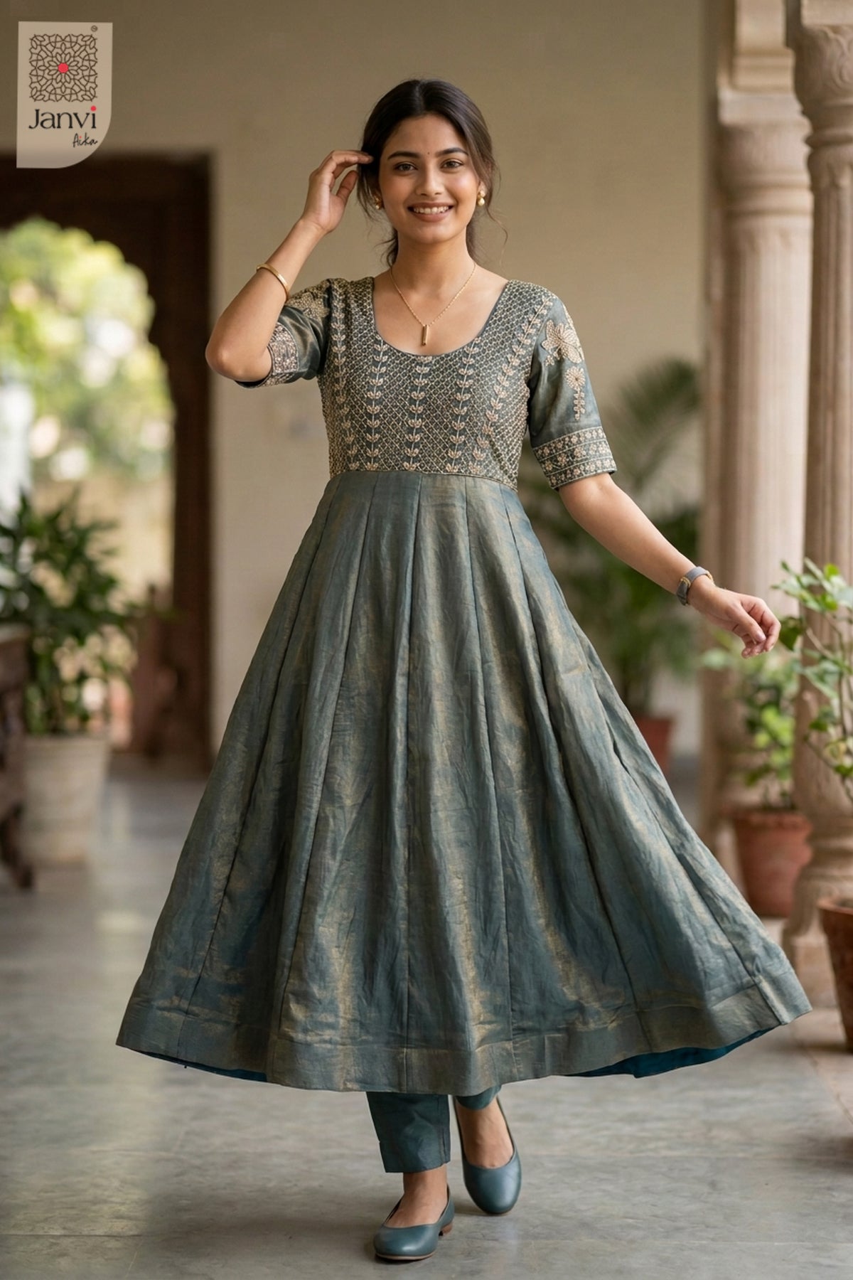 Designer Teal Shimmer Festive Luxe Anarkali Dress