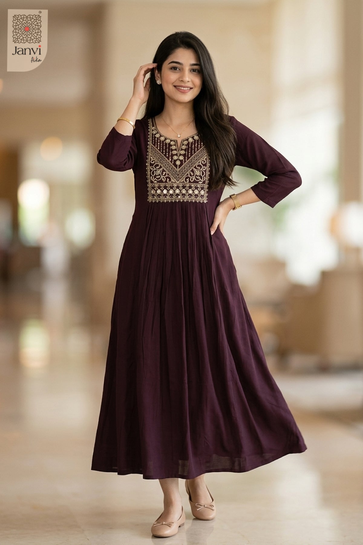 Pose with hand on hip in dark magenta ladies dressy tops featuring flared silhouette