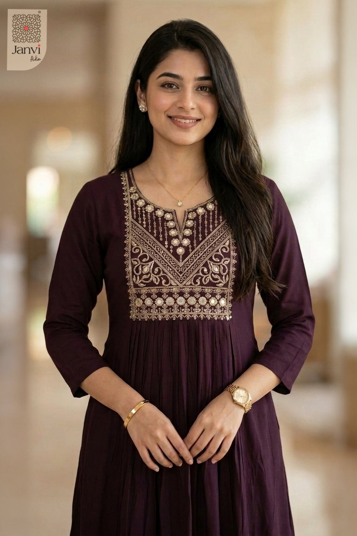 Close-up portrait of smiling woman wearing beautiful tops for women in dark magenta