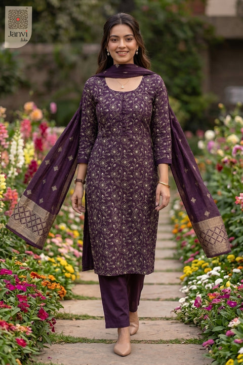 Deep Plum Wildflower Theory Floral Embroidered Round Neck Buttoned Kurta