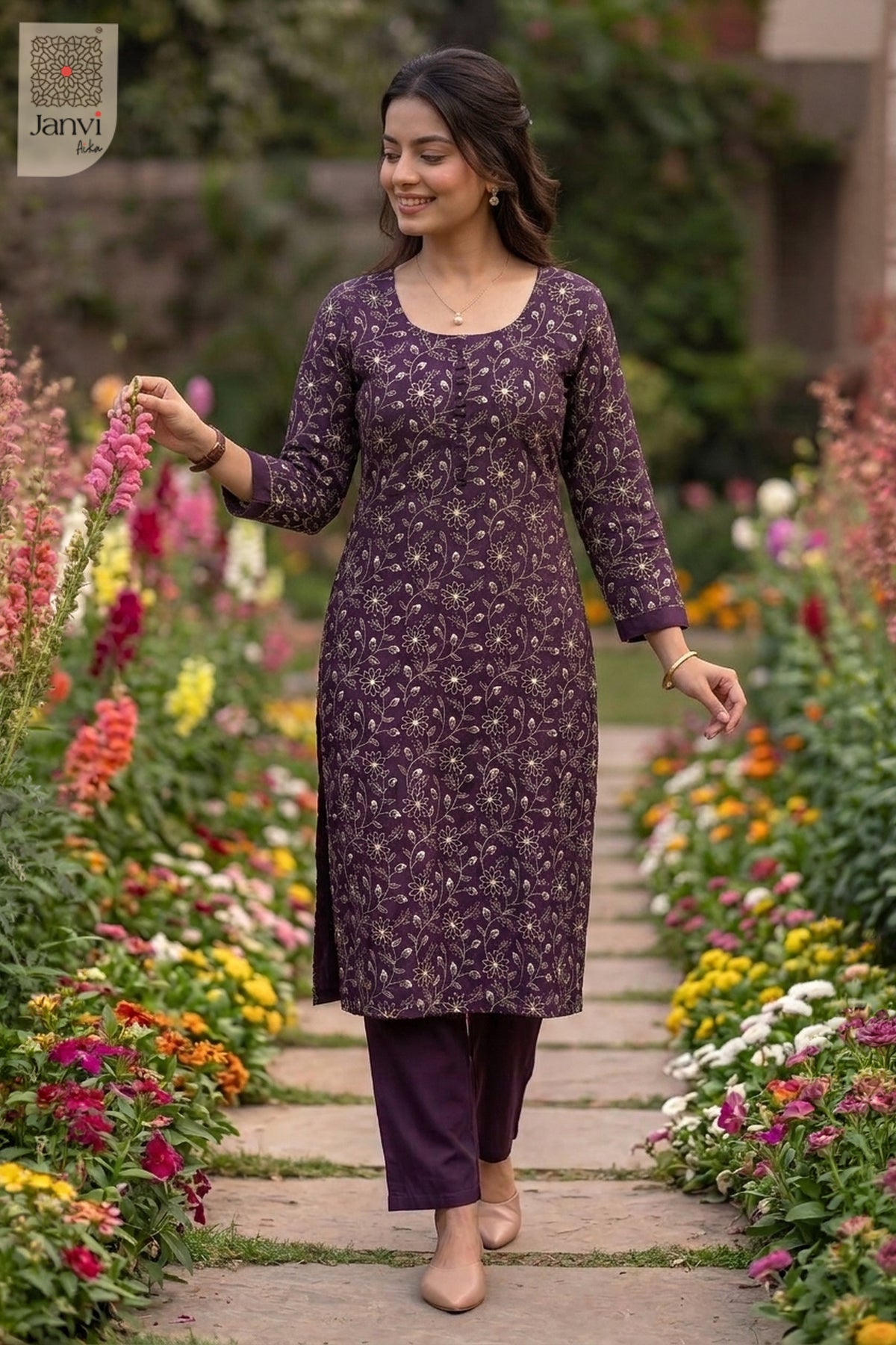 Deep Plum Wildflower Theory Floral Embroidered Round Neck Buttoned Kurta