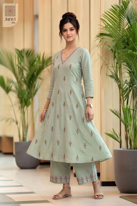 Dove Grey Blossom Embroidered Set