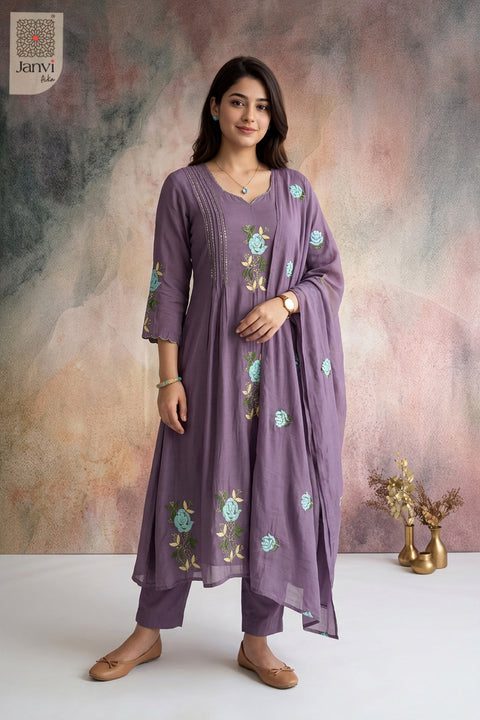 Dusty Lavender Rose Reverie Floral Embroidered Notch V Neck Pleated Kurti