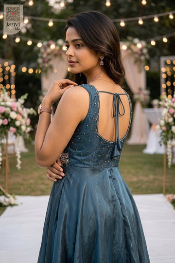 Close-up of bodice and embroidery of Elara Floral Mist for women's clothing online shopping.