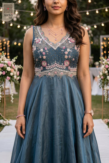 Front angled view of the flared silhouette of Elara Floral for best birthday outfits for ladies.