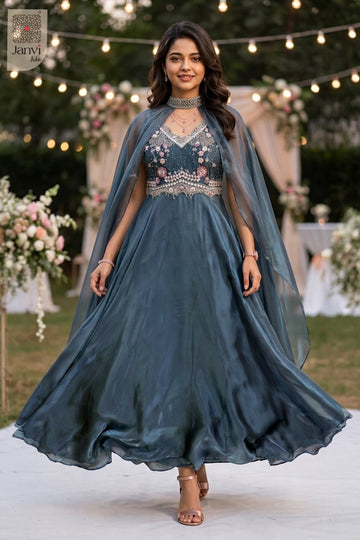 Front full view of Elara Floral Mist showcasing style for long anarkali dress with dupatta.