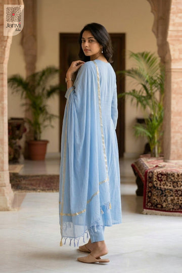 Back view showing neckline styling of Ethereal Blue for best birthday outfits for ladies.
