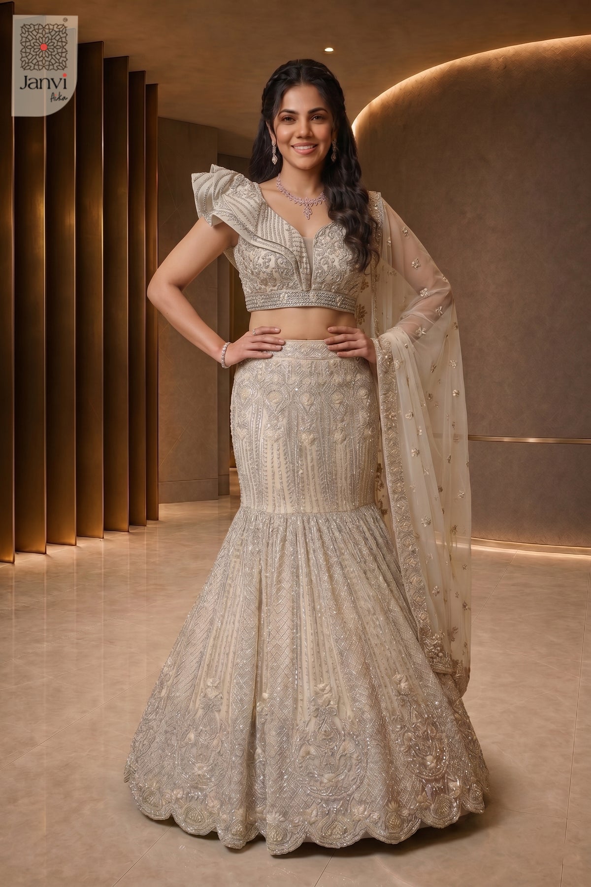 Elegant half white net bridal lehenga on sale featuring a detailed front full standing shot.