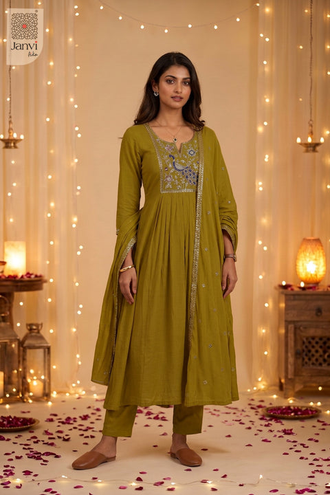 Feather Arc Embroidered Notch Neck
