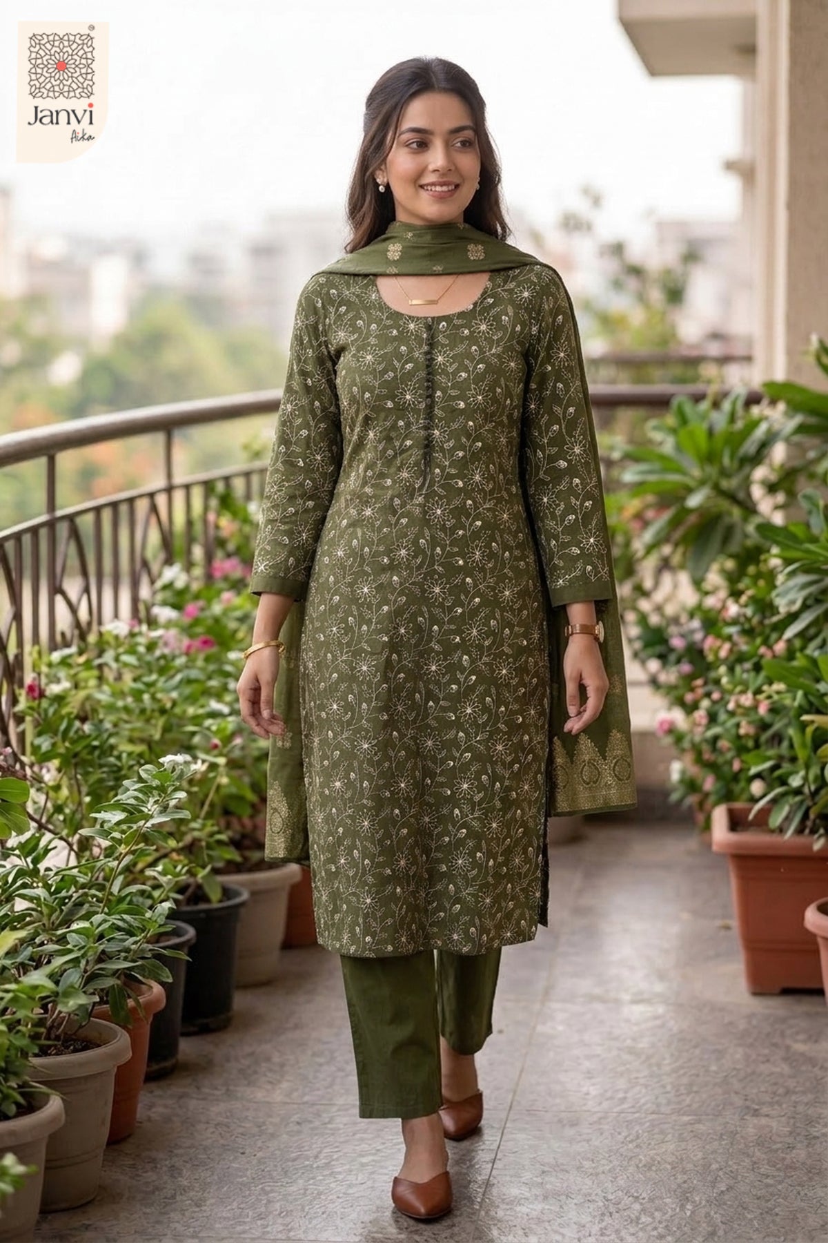 Fern Green Daisy Diaries Floral Embroidered Round Neck Kurti