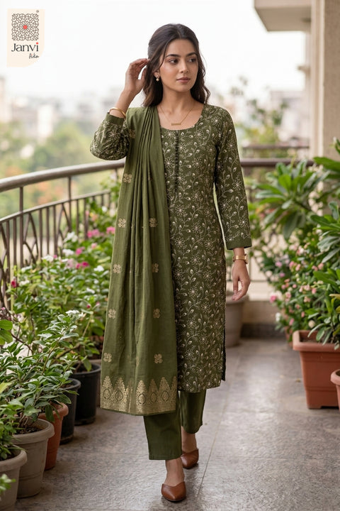Fern Green Daisy Diaries Floral Embroidered Round Neck Kurti