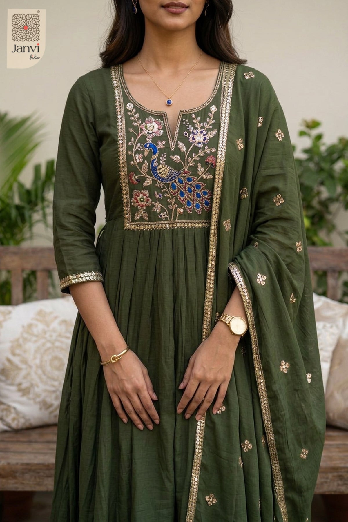 Fern Peacock Cutdana Notch Neck Anarkali