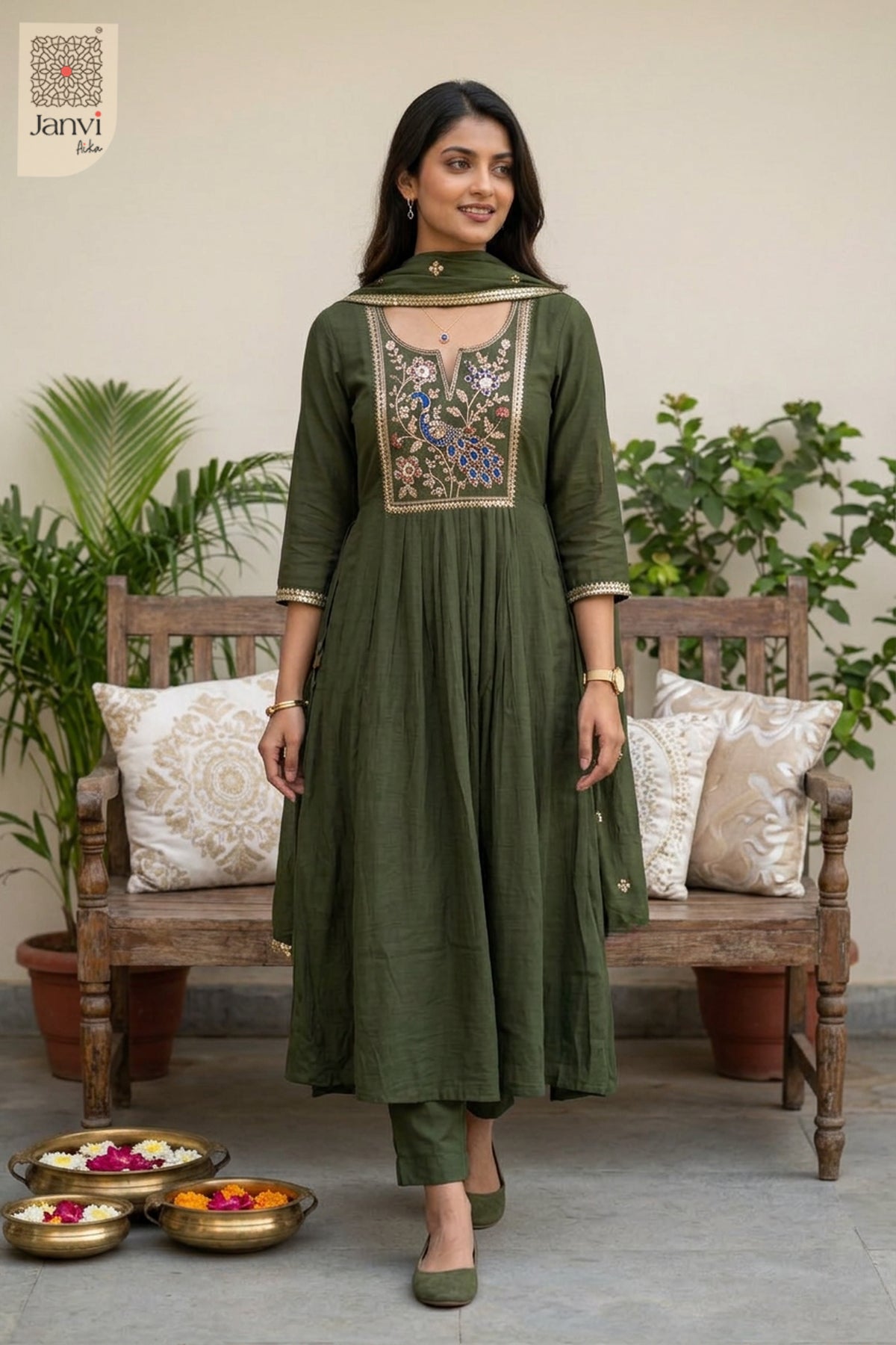 Fern Peacock Cutdana Notch Neck Anarkali