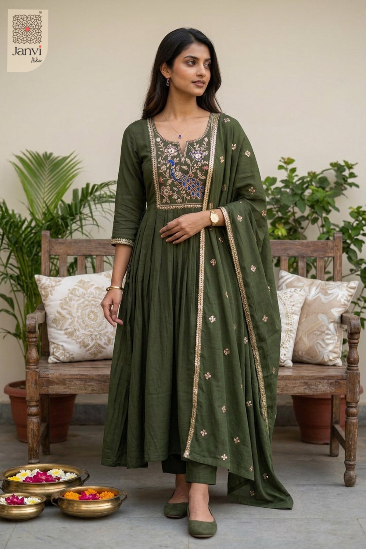Fern Peacock Cutdana Notch Neck Anarkali