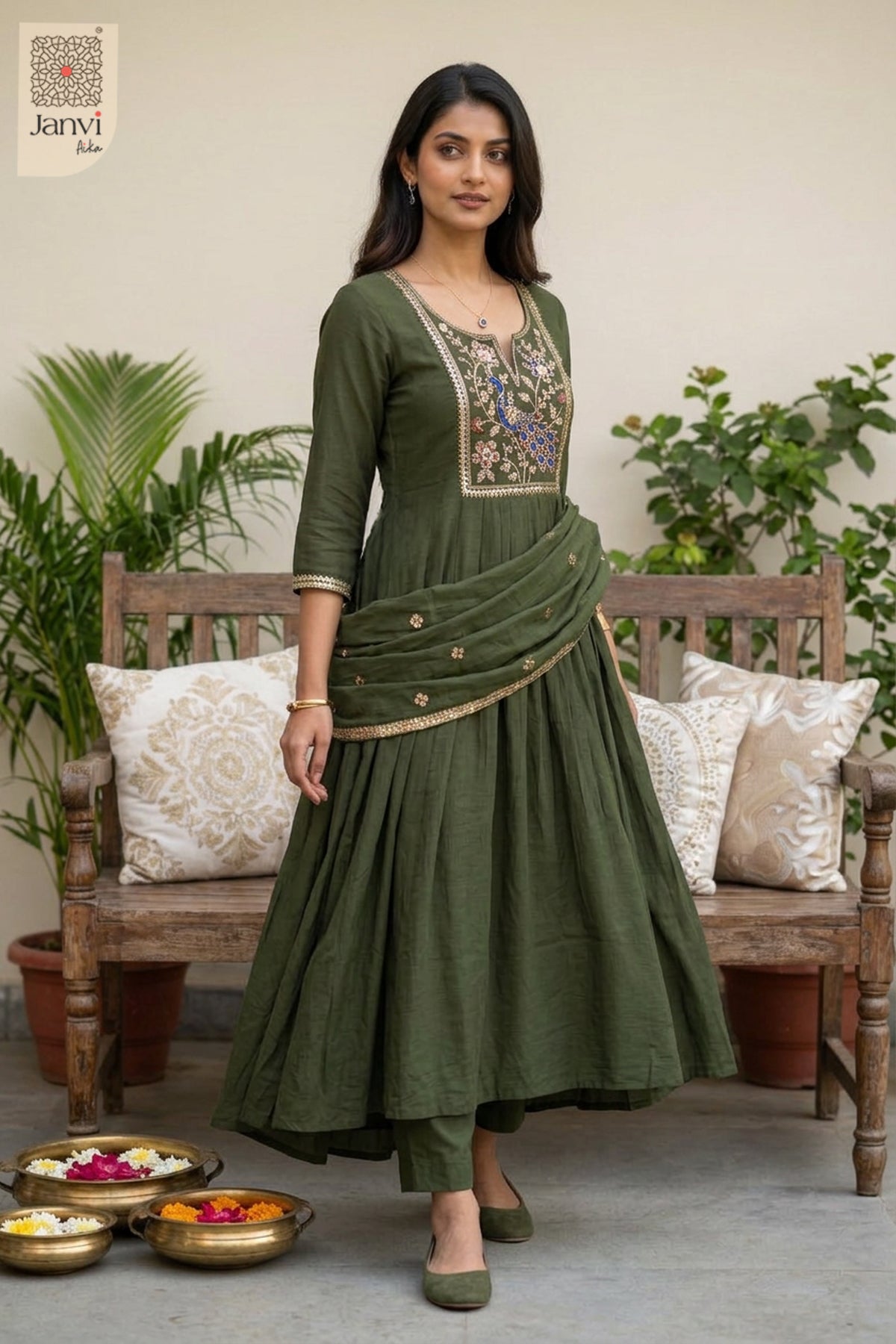 Fern Peacock Cutdana Notch Neck Anarkali