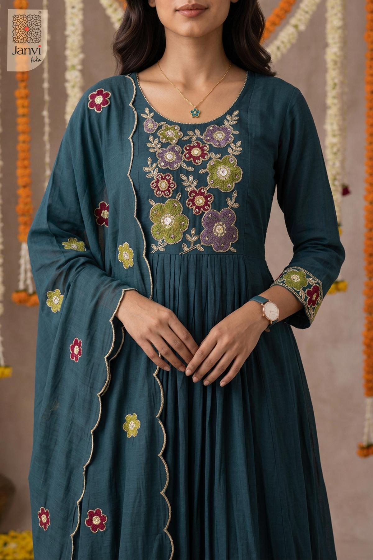 Fiora Mosaic Floral Yoke U Neck Gathered Anarkali