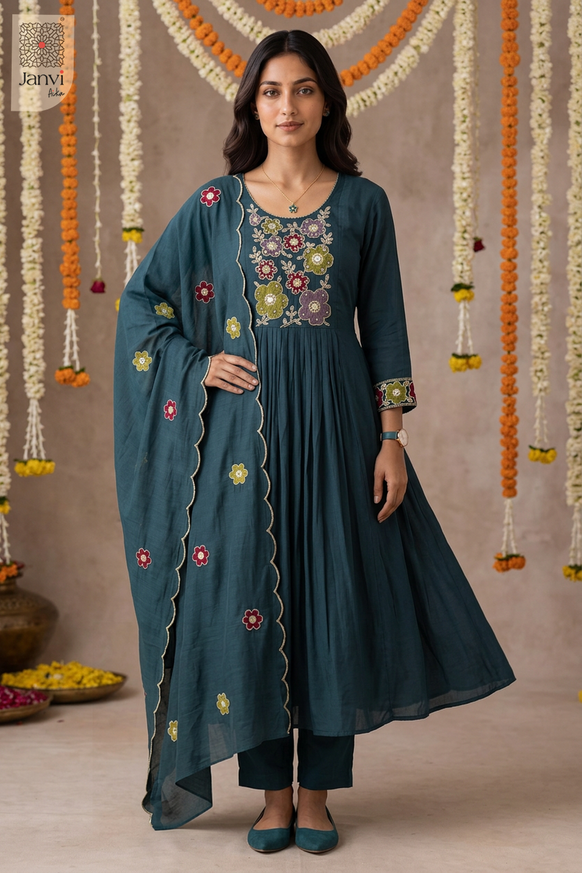 Fiora Mosaic Floral Yoke U Neck Gathered Anarkali