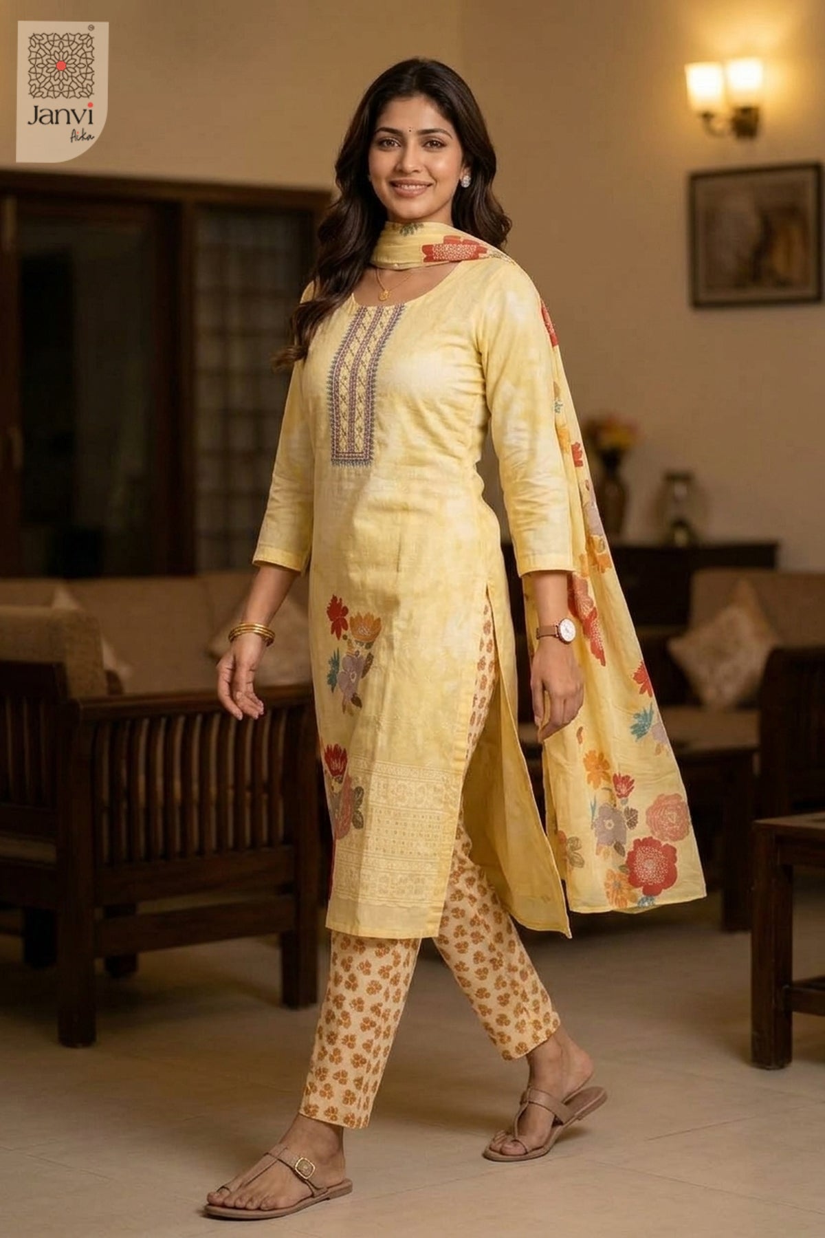 Warm indoor waist up portrait smiling in a pastel soft orange churidar set with dupatta.
