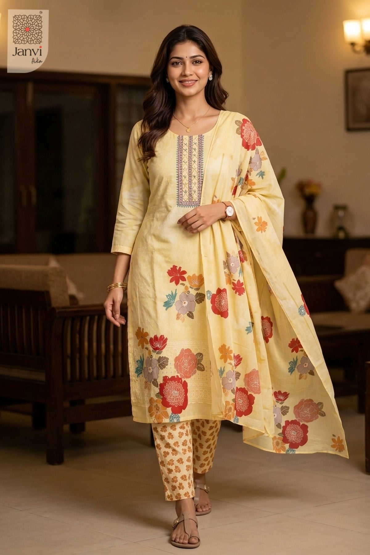 Mid length front standing pose in a floral pastel soft orange festive silk churidar set.