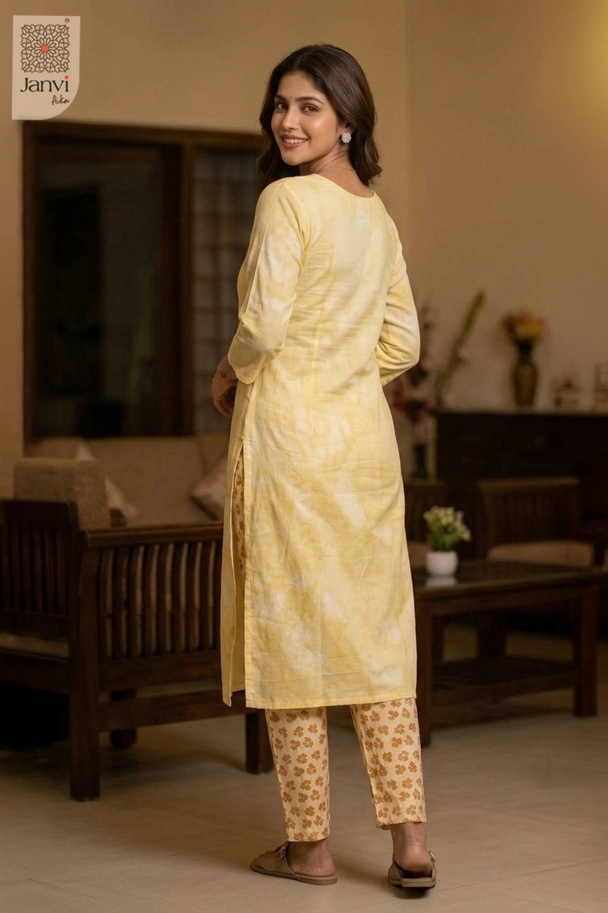 Indoor rear view showing back tailoring of a pastel soft orange churidar sleeves kurti.