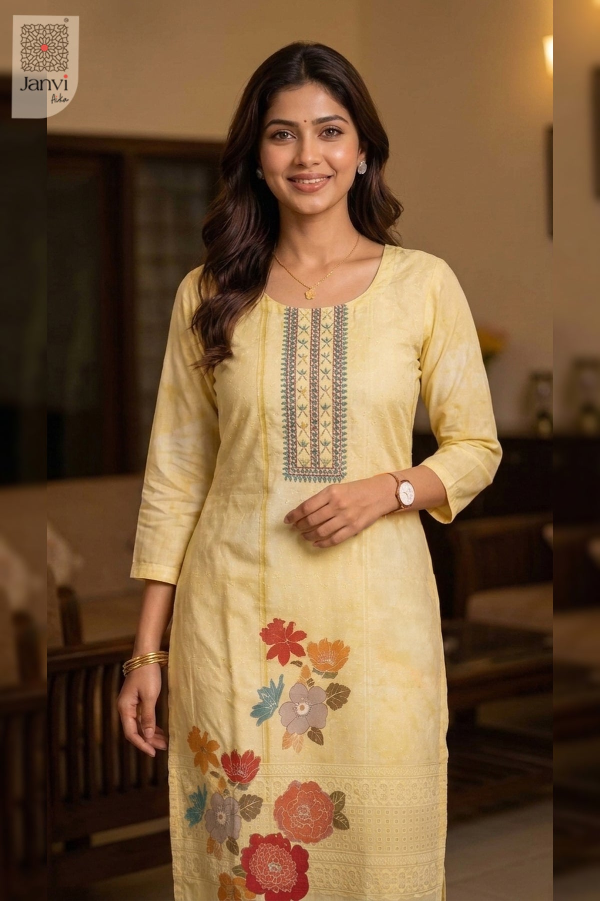 Front close up shot highlighting yoke on a pastel soft orange party wear churidar.