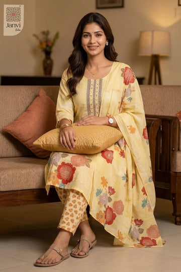 Seated on couch holding cushion in pastel soft orange festive churidar set readymade.