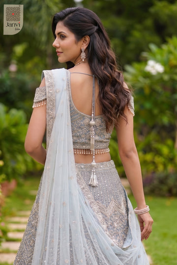 Charming sadi se lehenga design showing a lovely waist up rear keyhole neck in a ice blue net style.